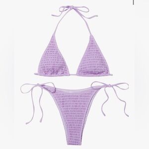 Purple Smocked Triangle String Bikini Set